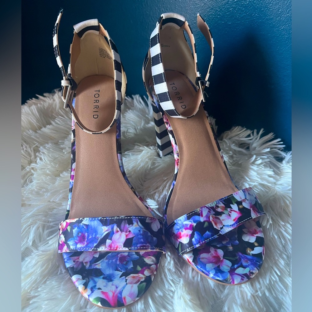 torrid Floral Multi & Black White Stripe Block Heel Sandals